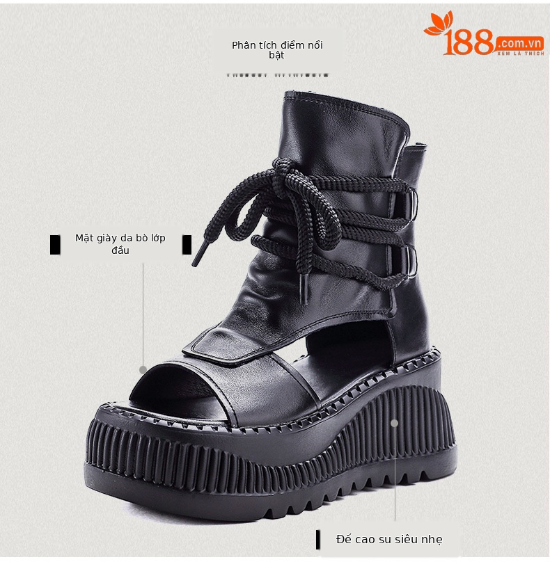 Sandal nữ đế dày da bò kiểu La Mã rỗng tăng chiều cao — đen chi tiết 3