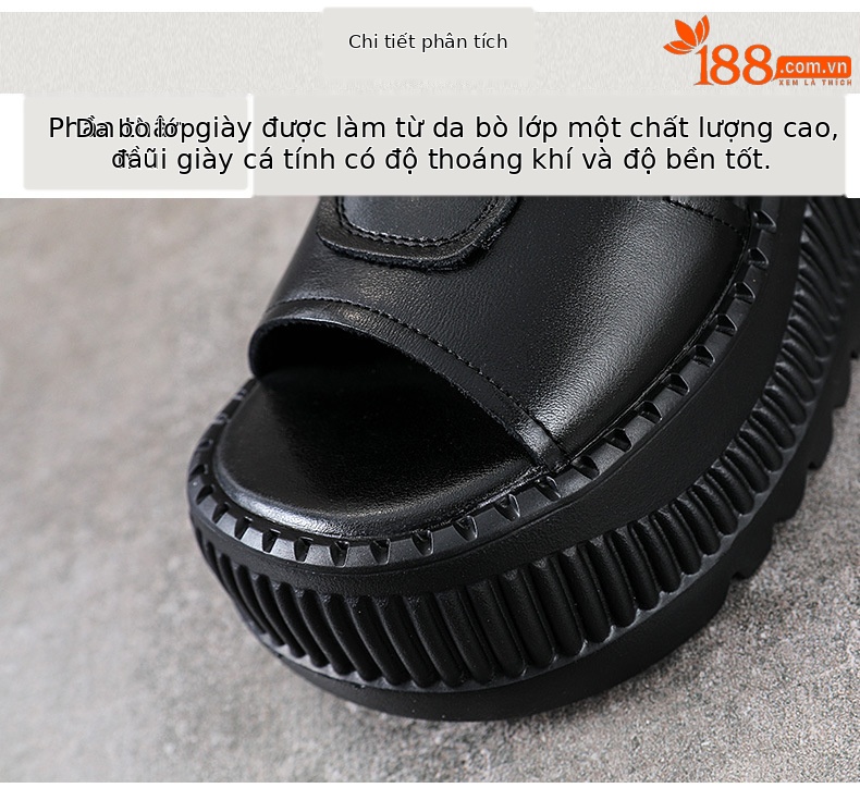 Sandal nữ đế dày da bò kiểu La Mã rỗng tăng chiều cao — đen chi tiết 4