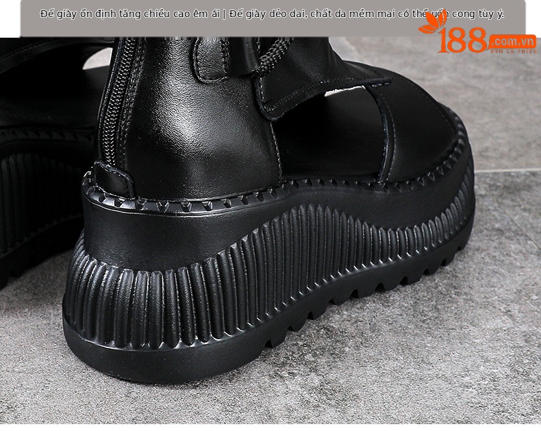 Sandal nữ đế dày da bò kiểu La Mã rỗng tăng chiều cao — đen chi tiết 8