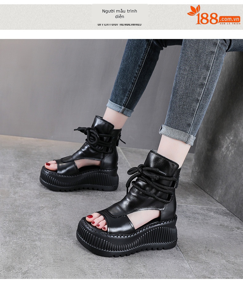 Sandal nữ đế dày da bò kiểu La Mã rỗng tăng chiều cao — đen chi tiết 9
