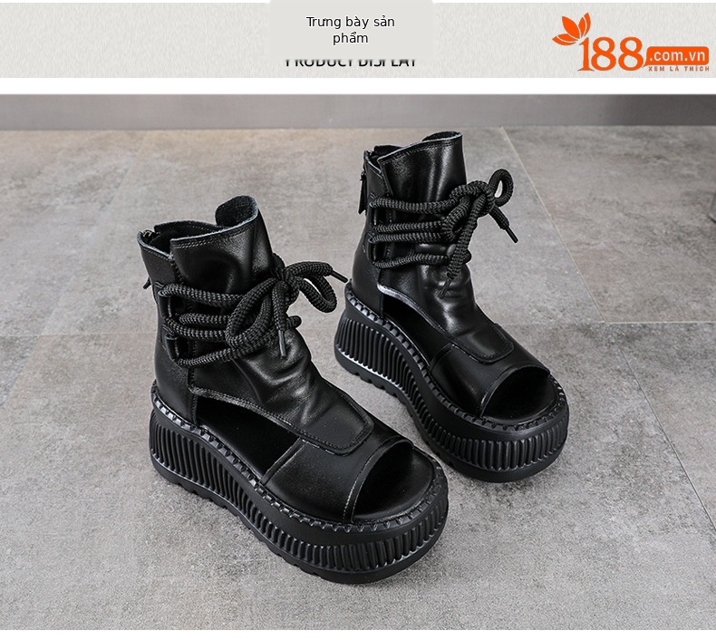 Sandal nữ đế dày da bò kiểu La Mã rỗng tăng chiều cao — đen chi tiết 10