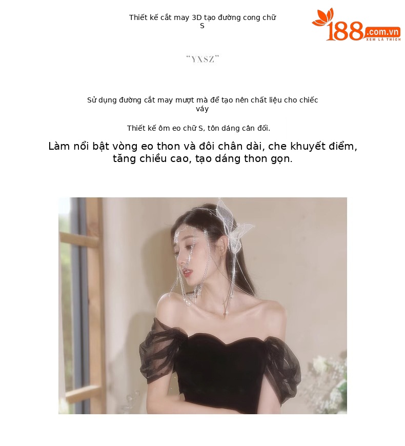 Đầm dạ hội đen lệch vai dáng chữ A thanh lịch — đen chi tiết 5