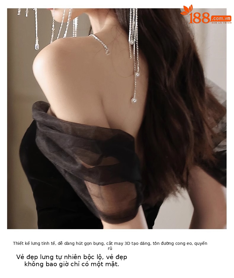 Đầm dạ hội đen lệch vai dáng chữ A thanh lịch — đen chi tiết 16