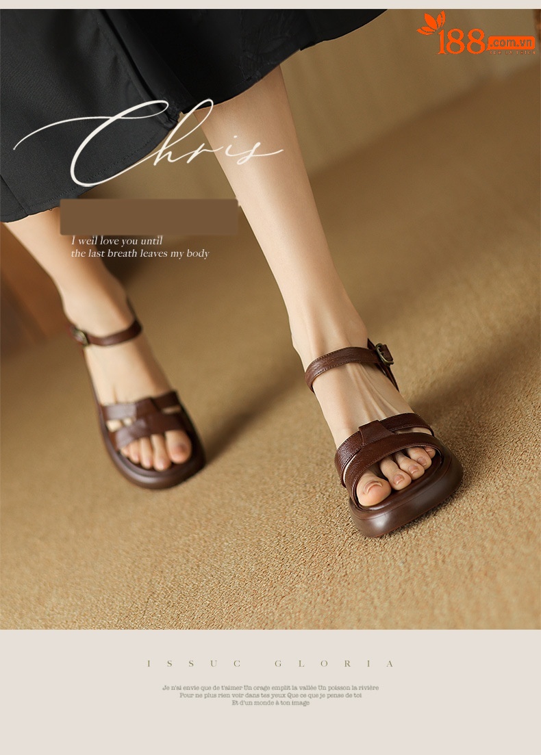 Sandal cao gót nữ hở mũi phong cách La Mã quai ngang đế dày gót thô — Màu nâu đậm chi tiết 2