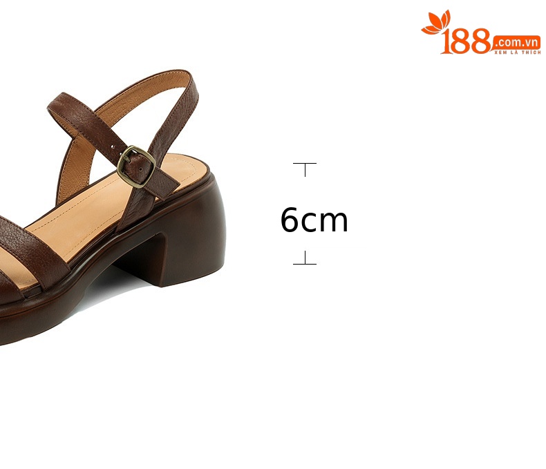 Sandal cao gót nữ hở mũi phong cách La Mã quai ngang đế dày gót thô — Màu nâu đậm chi tiết 4
