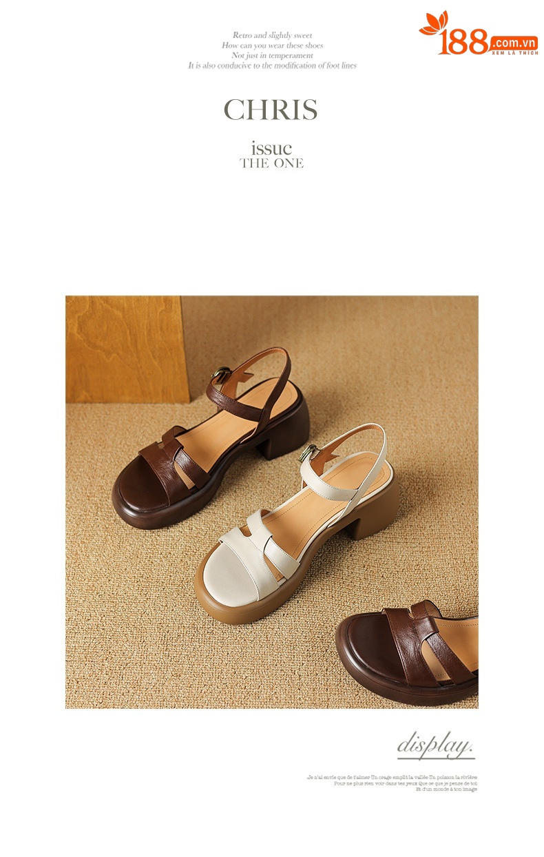 Sandal cao gót nữ hở mũi phong cách La Mã quai ngang đế dày gót thô — Màu nâu đậm chi tiết 11