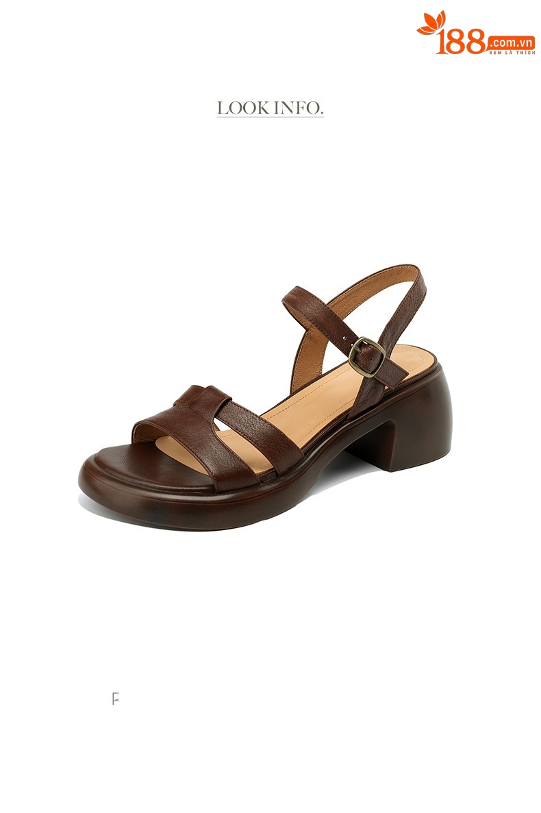 Sandal cao gót nữ hở mũi phong cách La Mã quai ngang đế dày gót thô — Màu nâu đậm chi tiết 3