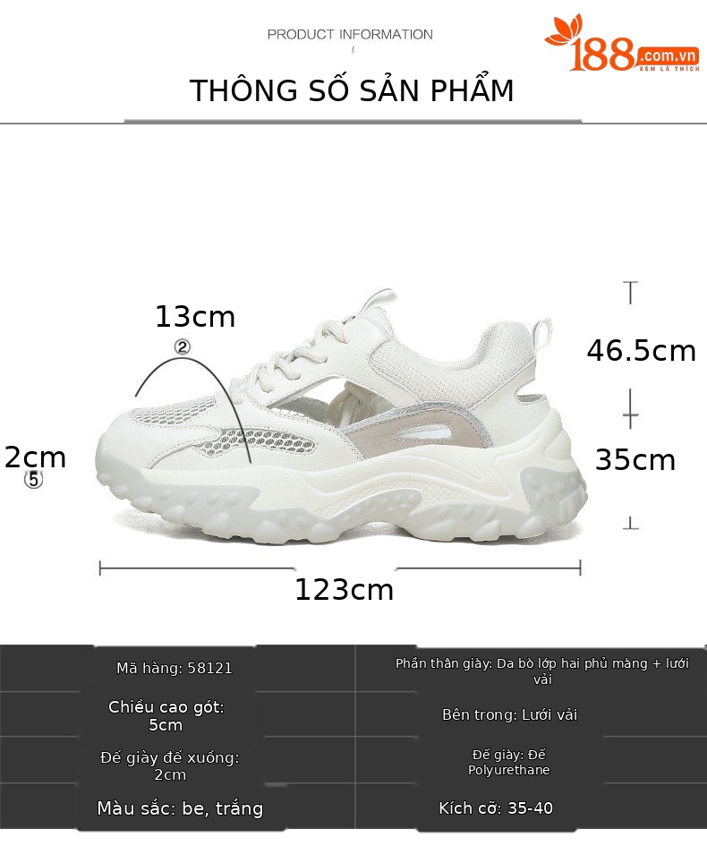 Giày sneaker chunky đế dày da thật khoét lỗ cho nữ mùa hè 2025 — DH 58275 Màu xanh lá cây, DH 58275 Màu xám, DH 58613 màu trắng, DH 58612 màu trắng chi tiết 3