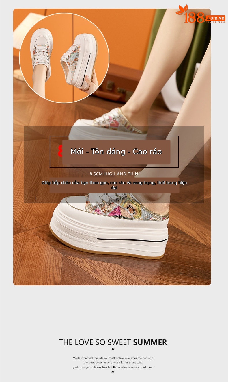 Sandal cao gót nữ hở mũi quai ngang đế dày, gót siêu cao 8 cm, phong cách thể thao — Trắng, Bạch kim chi tiết 9