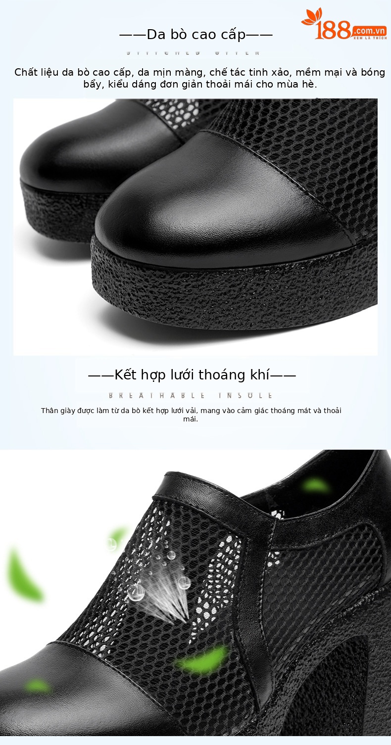 Giày sandal cao gót nữ da lưới mũi kín gót dày đế dày — đen chi tiết 16