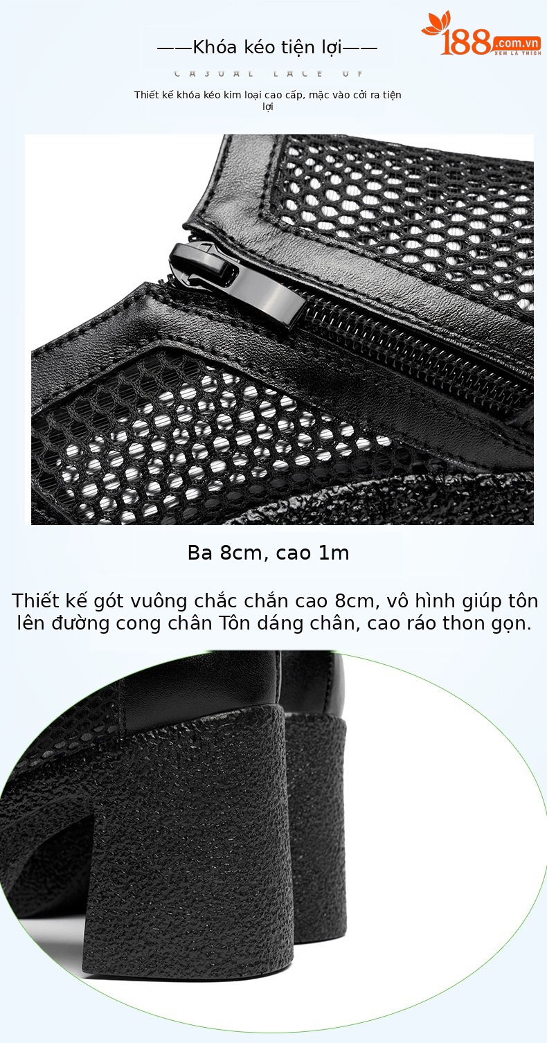 Giày sandal cao gót nữ da lưới mũi kín gót dày đế dày — đen chi tiết 17