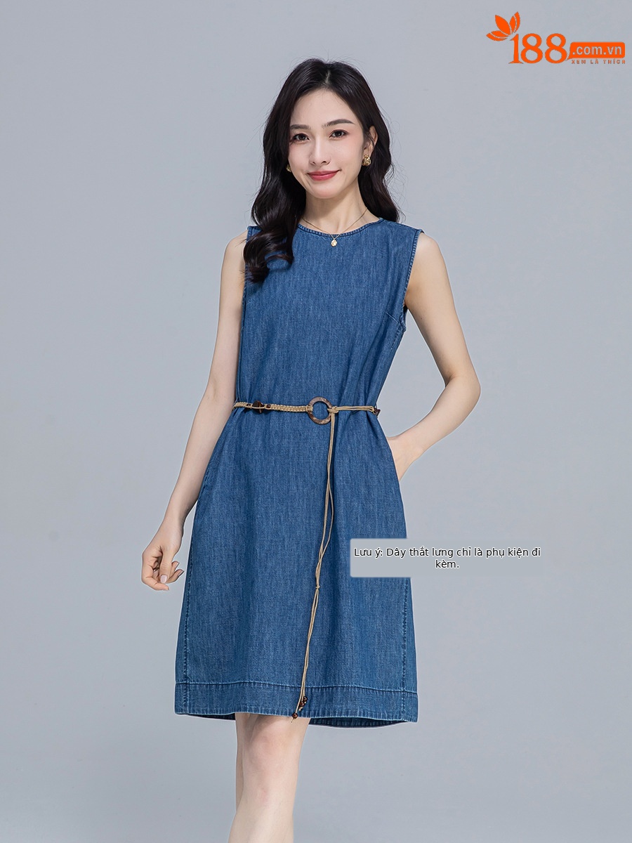 Váy denim ống thẳng cổ tròn không tay dáng rộng — Màu xanh lam
