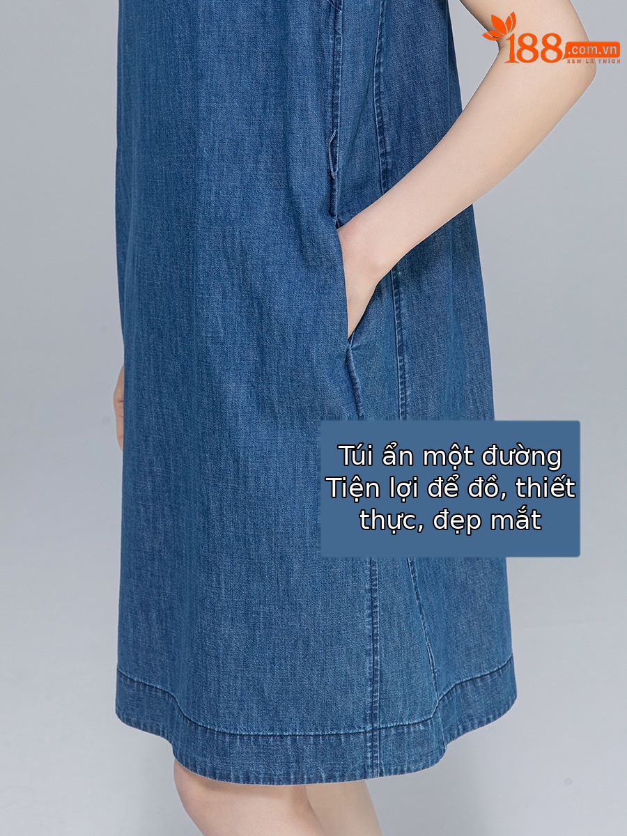 Váy denim ống thẳng cổ tròn không tay dáng rộng — Màu xanh lam