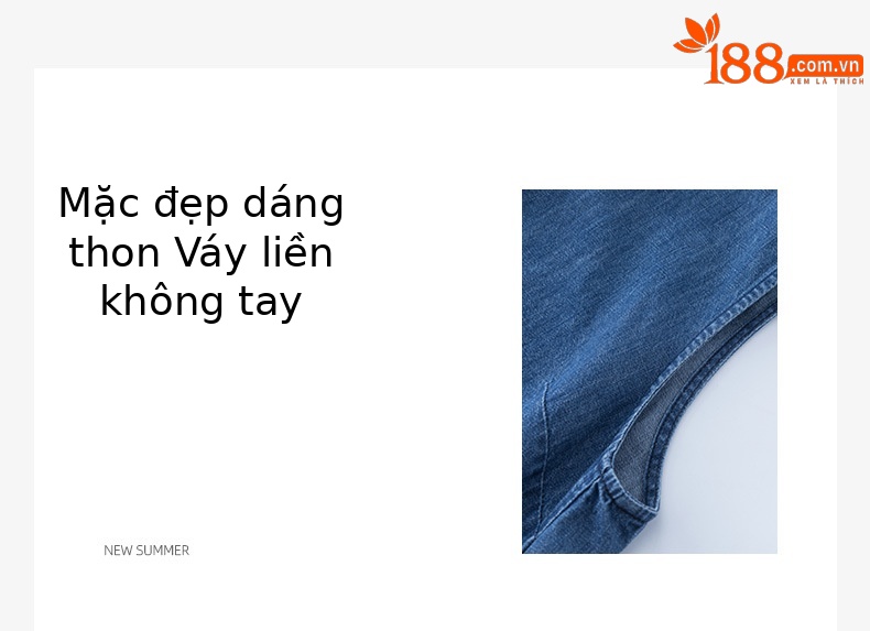 Váy denim ống thẳng cổ tròn không tay dáng rộng — Màu xanh lam chi tiết 3