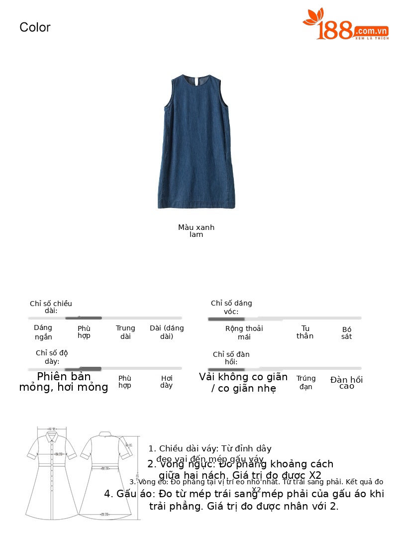 Váy denim ống thẳng cổ tròn không tay dáng rộng — Màu xanh lam chi tiết 6