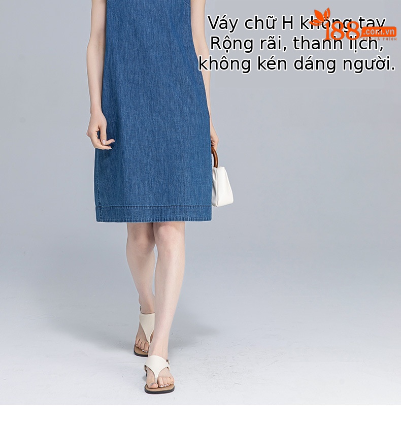 Váy denim ống thẳng cổ tròn không tay dáng rộng — Màu xanh lam chi tiết 9