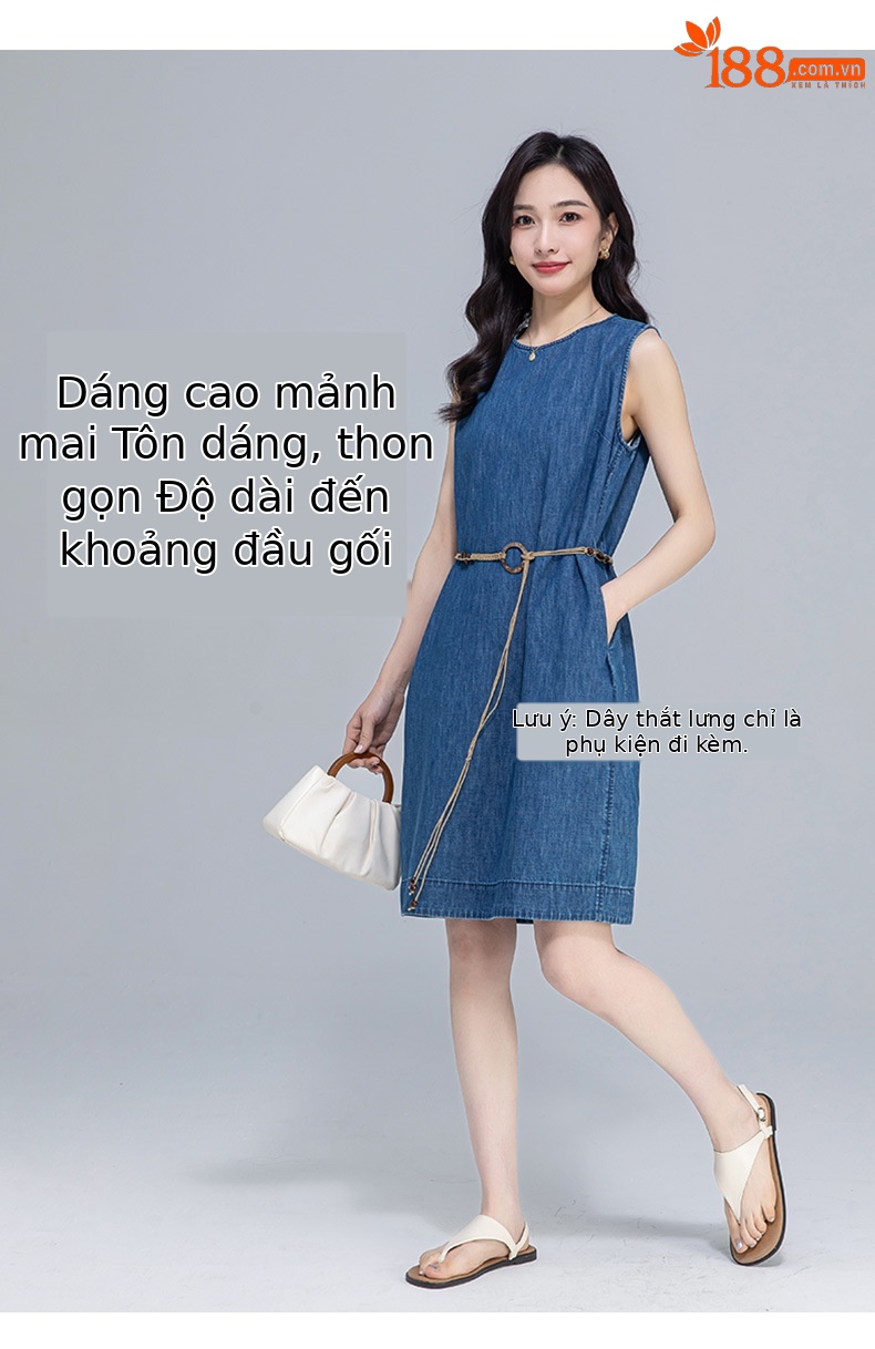Váy denim ống thẳng cổ tròn không tay dáng rộng — Màu xanh lam chi tiết 10