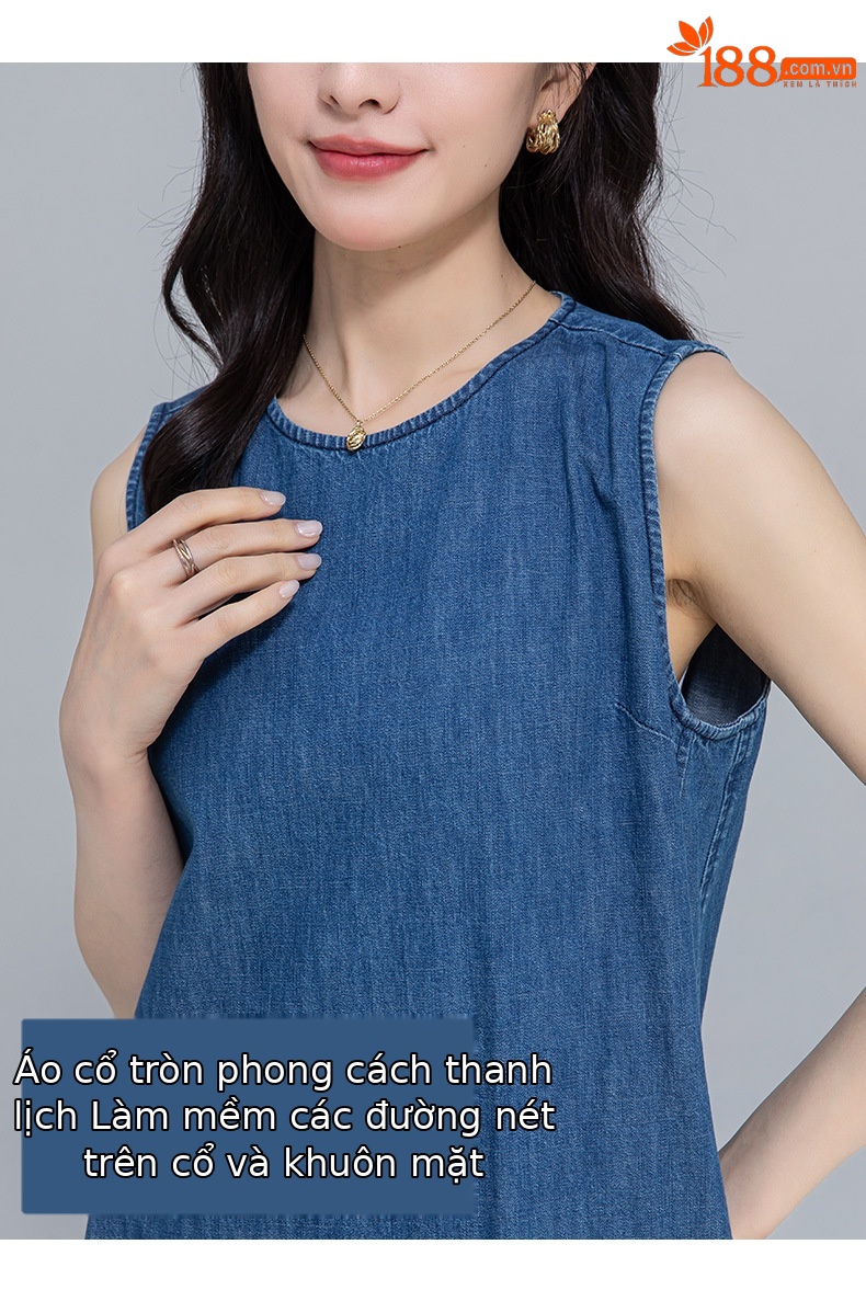 Váy denim ống thẳng cổ tròn không tay dáng rộng — Màu xanh lam chi tiết 11