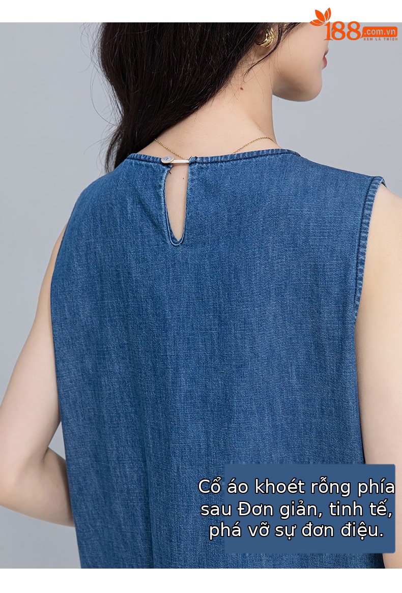 Váy denim ống thẳng cổ tròn không tay dáng rộng — Màu xanh lam chi tiết 12