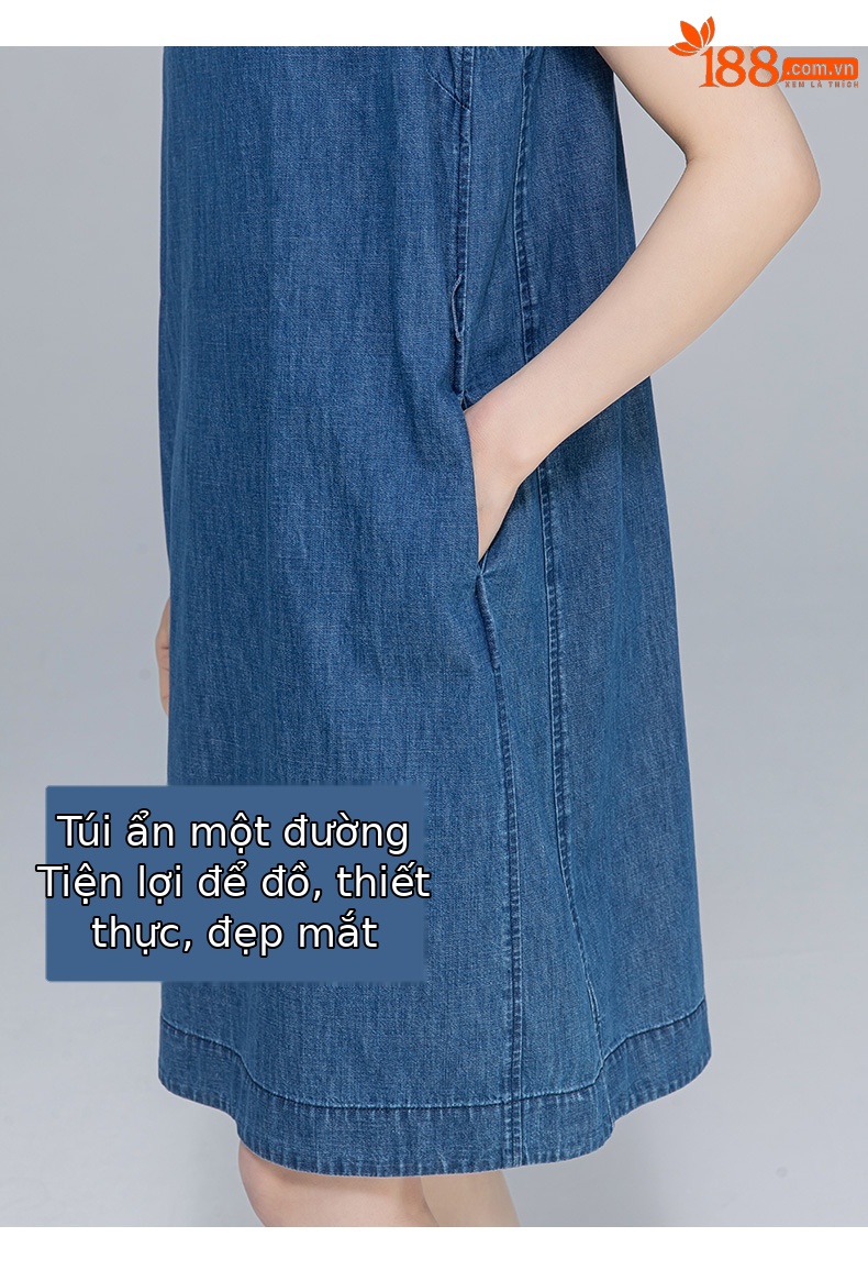 Váy denim ống thẳng cổ tròn không tay dáng rộng — Màu xanh lam chi tiết 13