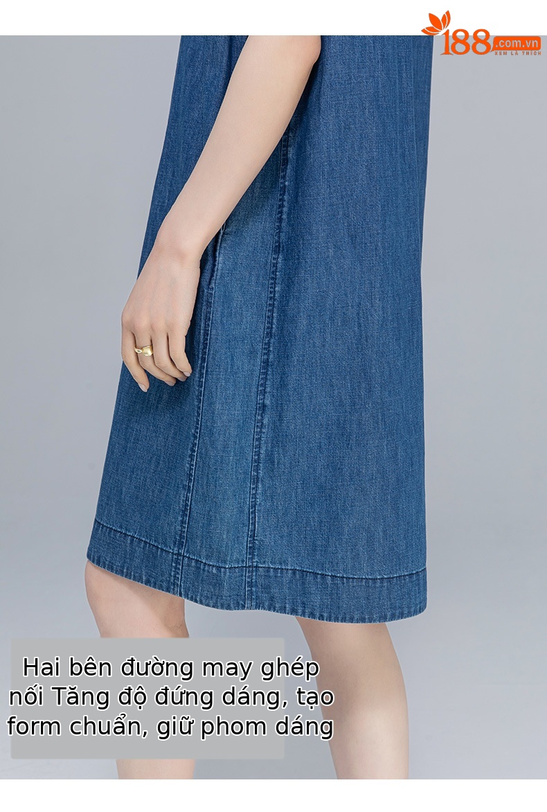 Váy denim ống thẳng cổ tròn không tay dáng rộng — Màu xanh lam chi tiết 14