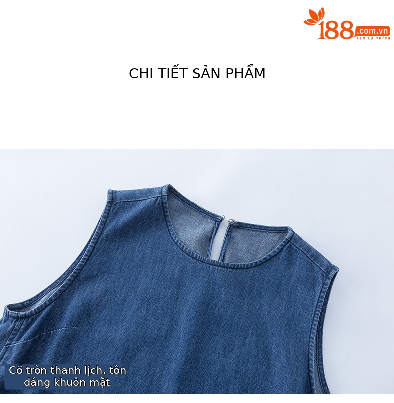 Váy denim ống thẳng cổ tròn không tay dáng rộng — Màu xanh lam chi tiết 15