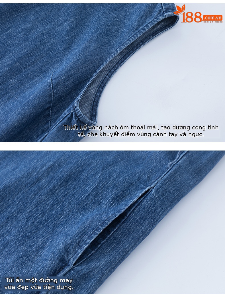 Váy denim ống thẳng cổ tròn không tay dáng rộng — Màu xanh lam chi tiết 16