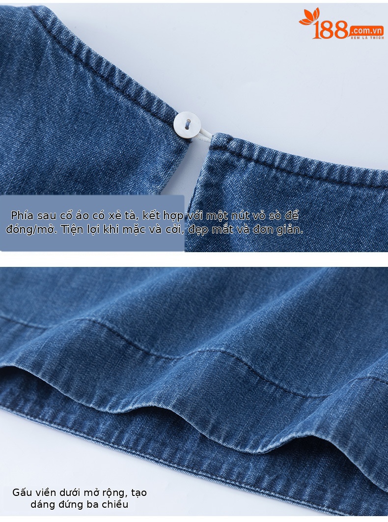 Váy denim ống thẳng cổ tròn không tay dáng rộng — Màu xanh lam chi tiết 17