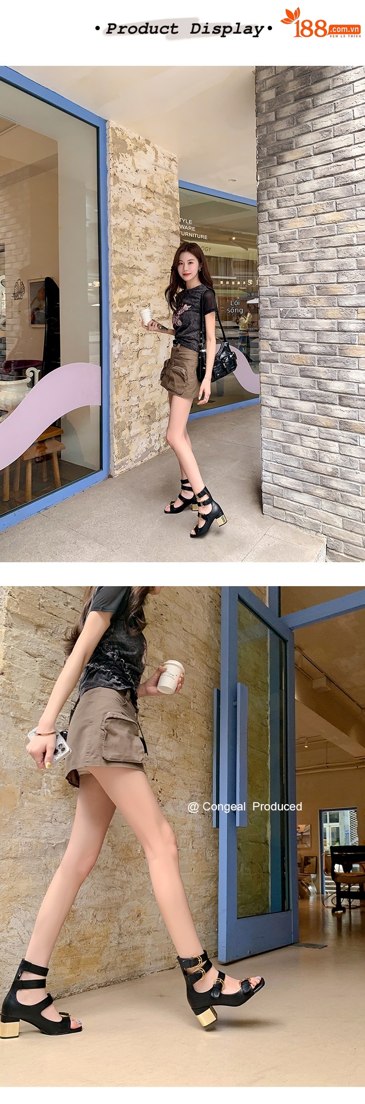 Giày sandal cao gót nữ thiết kế khóa thắt lưng, mũi hở, gót vuông 9 cm — Màu đen, Màu trắng be, Màu bạc chi tiết 5