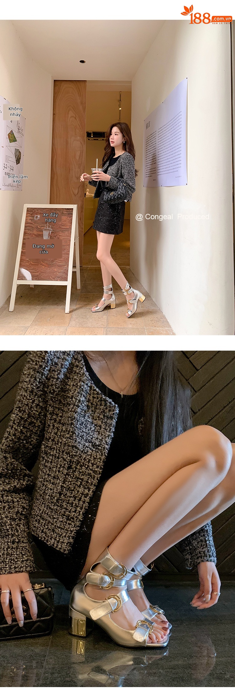 Giày sandal cao gót nữ thiết kế khóa thắt lưng, mũi hở, gót vuông 9 cm — Màu đen, Màu trắng be, Màu bạc chi tiết 23