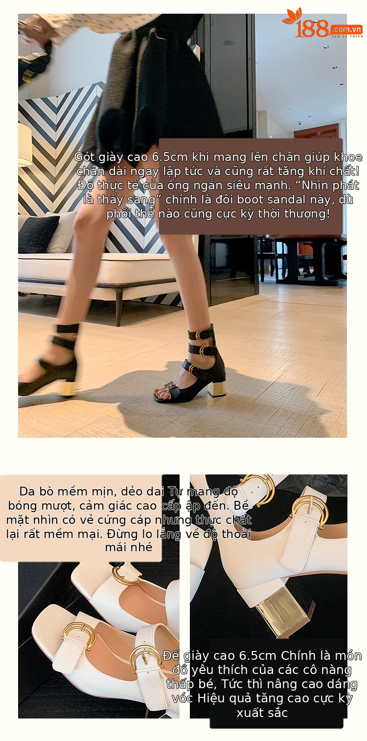 Giày sandal cao gót nữ thiết kế khóa thắt lưng, mũi hở, gót vuông 9 cm — Màu đen, Màu trắng be, Màu bạc chi tiết 3