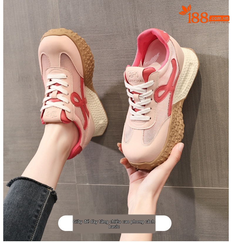 Giày sneaker nữ đế dày phong cách Forrest Gump thoáng khí lưới đơn tăng chiều cao — Màu hồng chi tiết 1