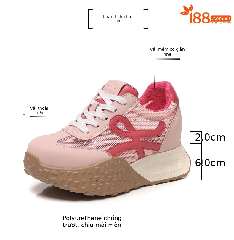 Giày sneaker nữ đế dày phong cách Forrest Gump thoáng khí lưới đơn tăng chiều cao — Màu hồng chi tiết 2