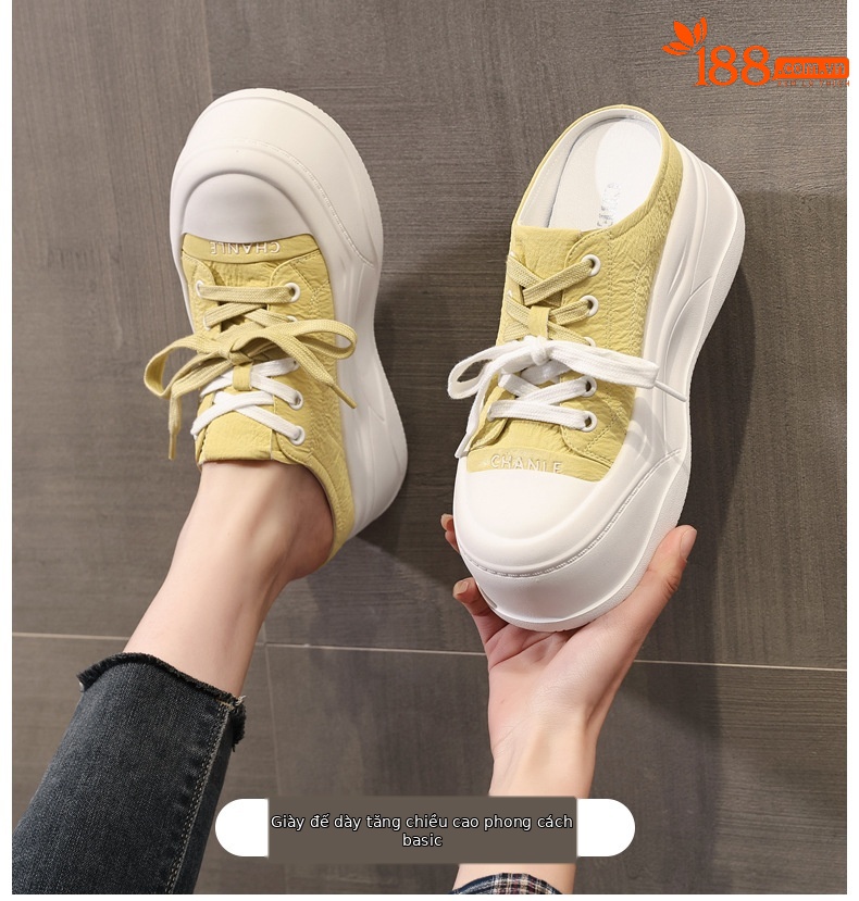 Giày sneaker nữ đế dày tăng chiều cao, mũi tròn bít, phong cách thể thao mùa hè 2025 — Màu be, Màu hồng, Màu vàng chi tiết 1