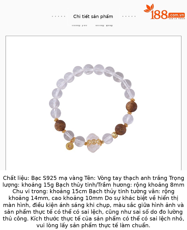 Vòng tay bạc S925 mạ vàng hạt tròn đính tinh thể trắng trầm hương Ruyi đồng xu — Một chiếc chi tiết 2