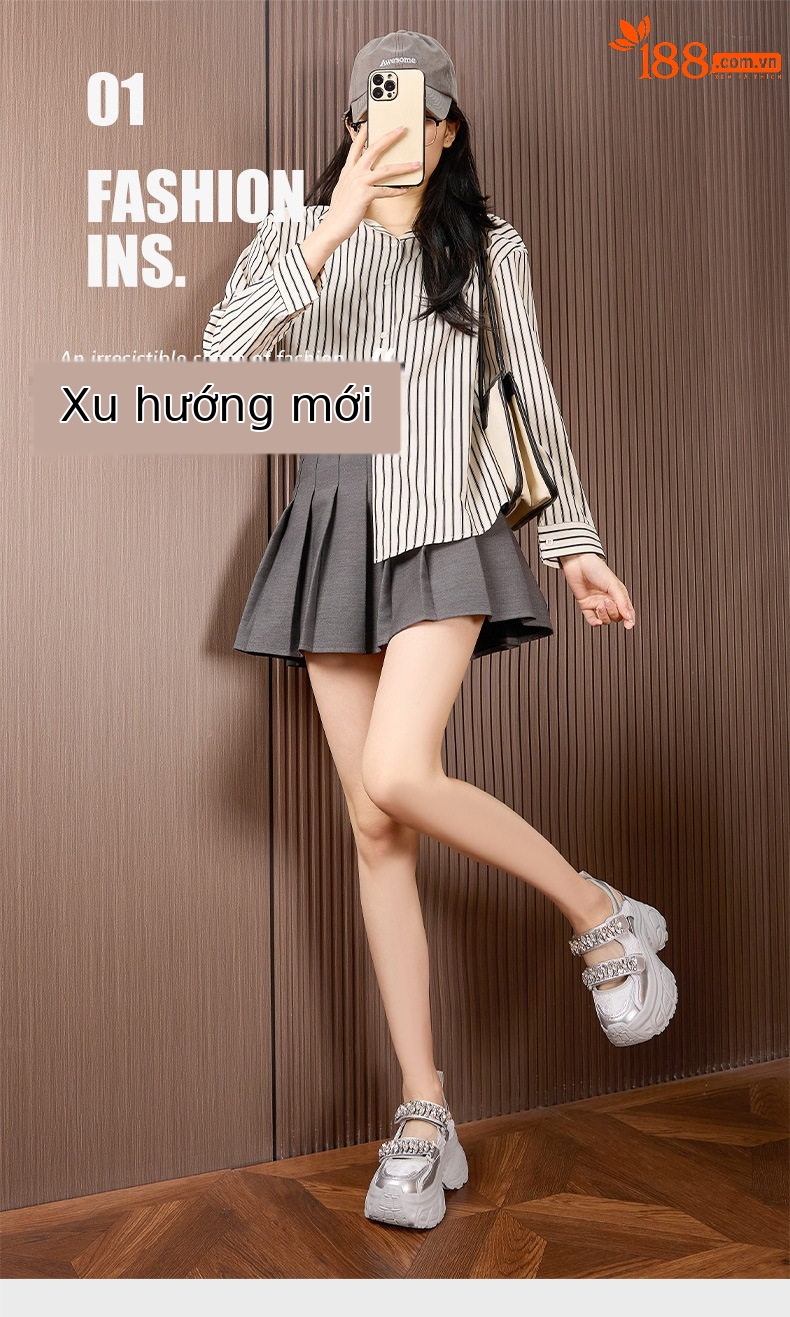 Giày Mary Jane nữ quai ngang Velcro đế xuồng cao gót 8 cm, mũi tròn hở mũi, phối đá rhinestone — Bạc, Trắng chi tiết 2