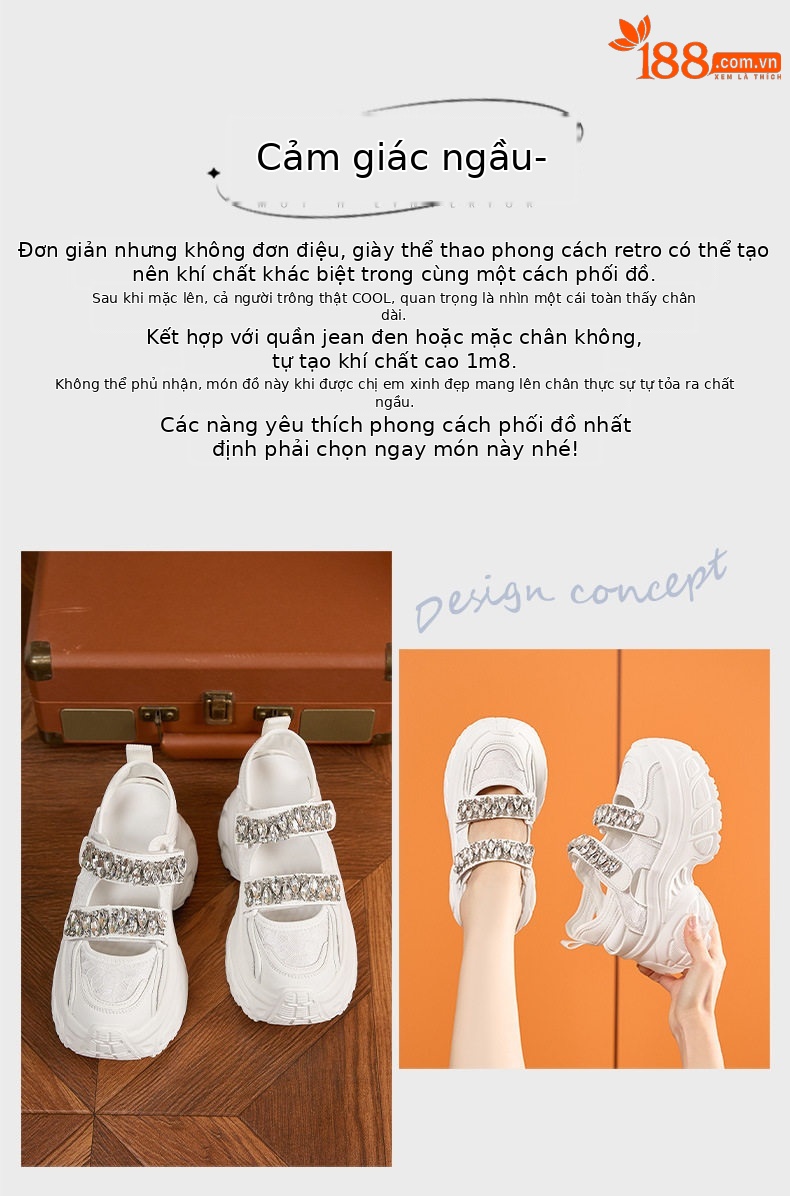 Giày Mary Jane nữ quai ngang Velcro đế xuồng cao gót 8 cm, mũi tròn hở mũi, phối đá rhinestone — Bạc, Trắng chi tiết 4