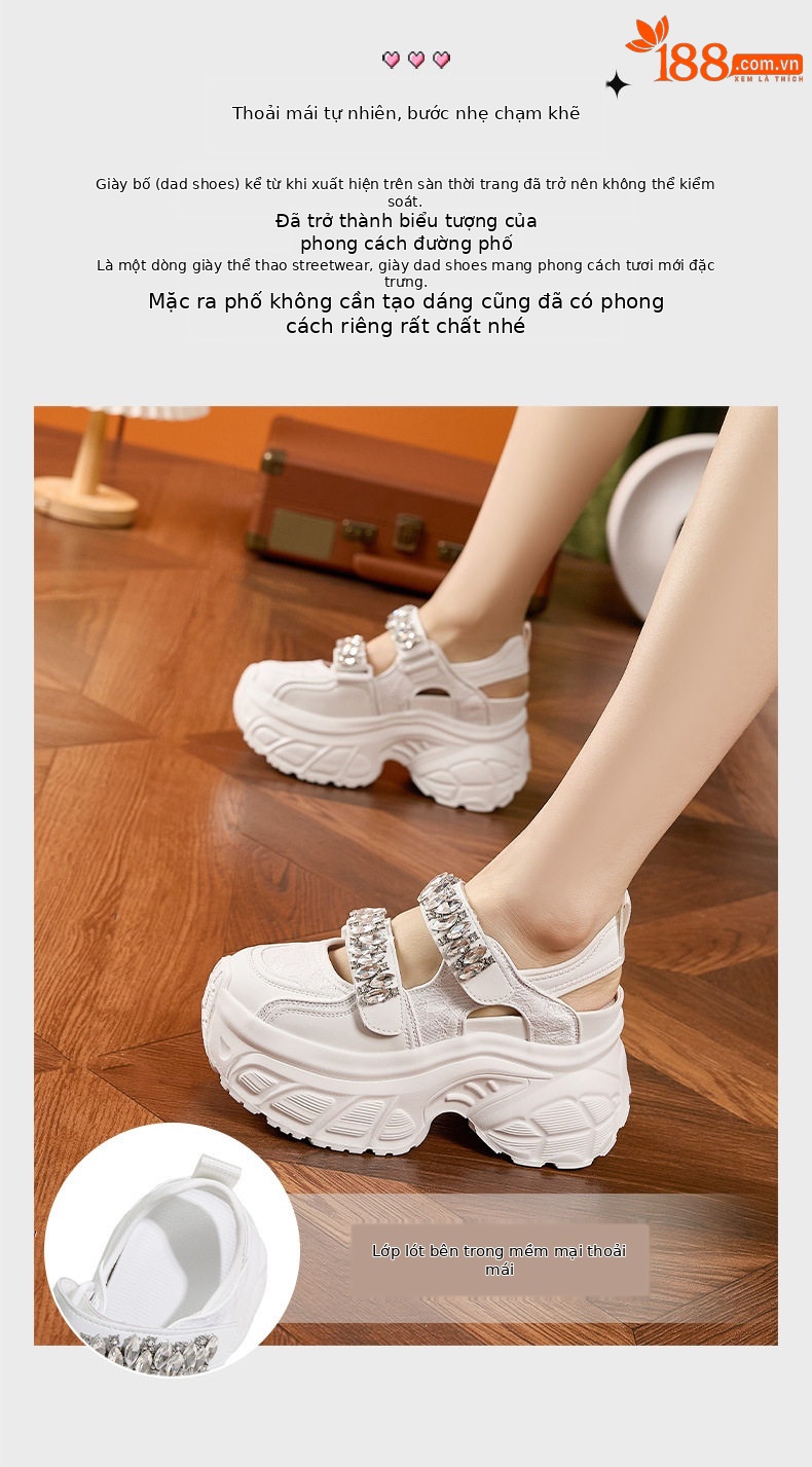 Giày Mary Jane nữ quai ngang Velcro đế xuồng cao gót 8 cm, mũi tròn hở mũi, phối đá rhinestone — Bạc, Trắng chi tiết 5