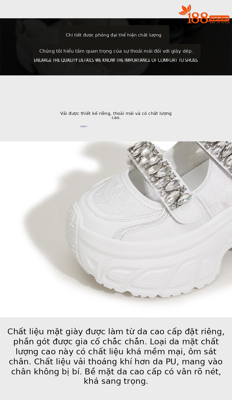 Giày Mary Jane nữ quai ngang Velcro đế xuồng cao gót 8 cm, mũi tròn hở mũi, phối đá rhinestone — Bạc, Trắng chi tiết 6