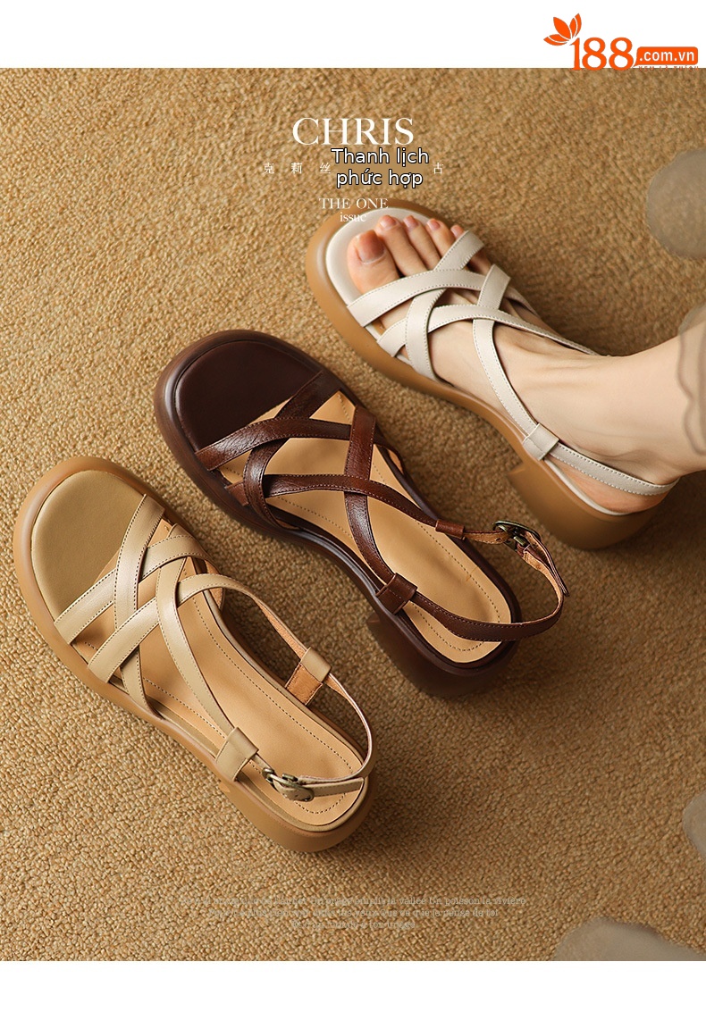Sandal nữ quai ngang da bò đế xuồng gót cao phong cách La Mã — nâu chi tiết 1