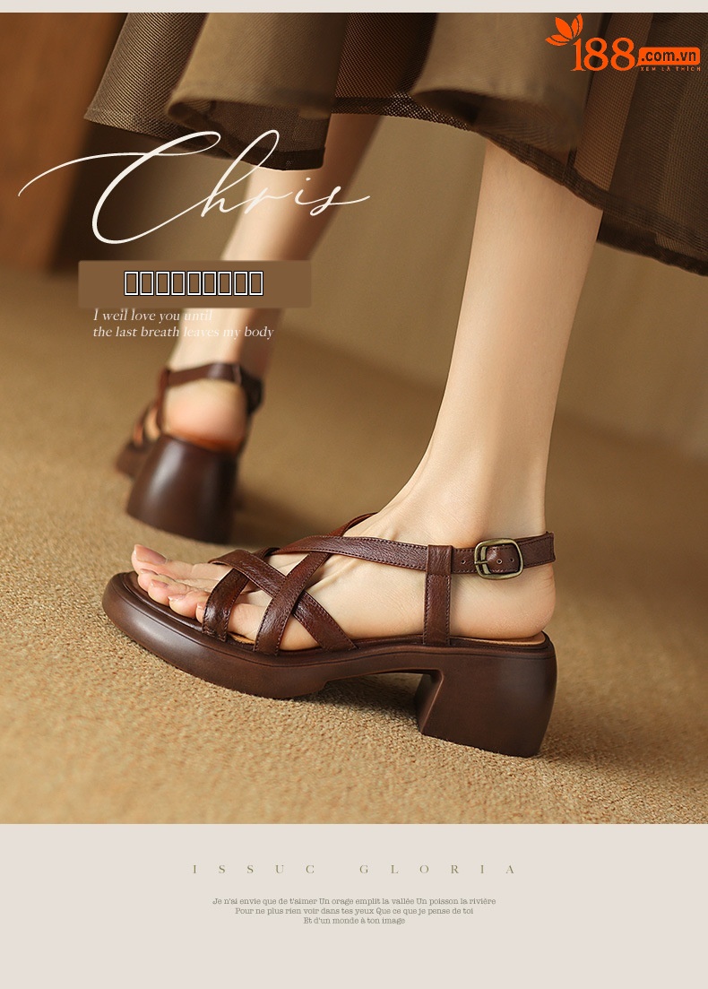 Sandal nữ quai ngang da bò đế xuồng gót cao phong cách La Mã — nâu chi tiết 2
