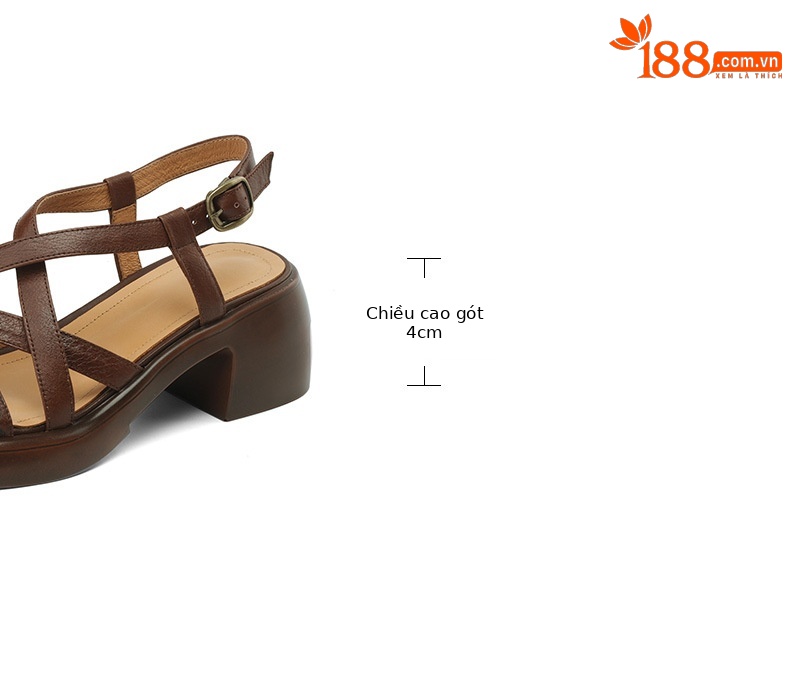 Sandal nữ quai ngang da bò đế xuồng gót cao phong cách La Mã — nâu chi tiết 4