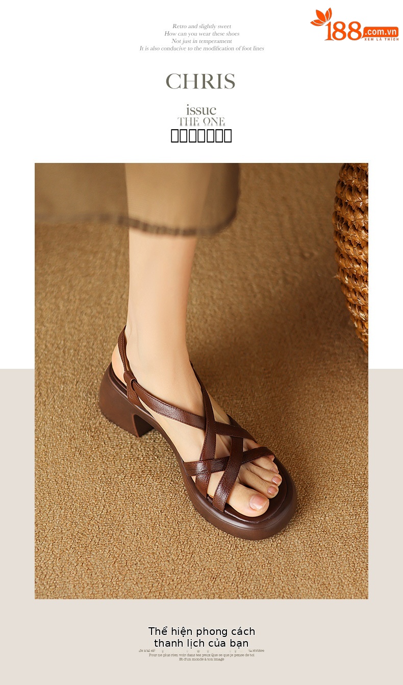 Sandal nữ quai ngang da bò đế xuồng gót cao phong cách La Mã — nâu chi tiết 6