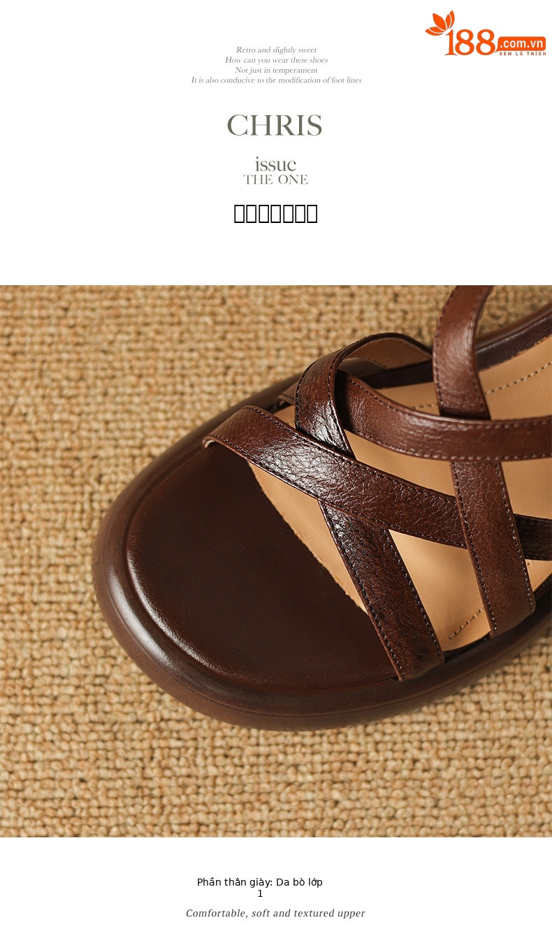 Sandal nữ quai ngang da bò đế xuồng gót cao phong cách La Mã — nâu chi tiết 17