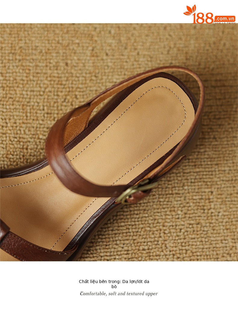 Sandal nữ quai ngang da bò đế xuồng gót cao phong cách La Mã — nâu chi tiết 18
