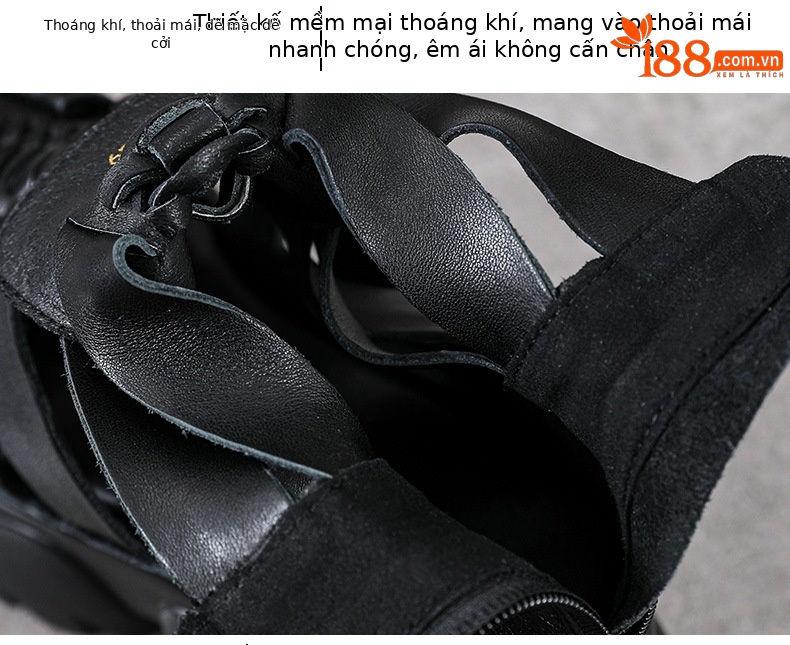 Xăng đan La Mã đế dày da bò thật cho nữ, kiểu miệng cá, đi mùa hè — Màu đen chi tiết 6