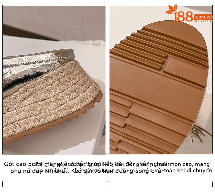 Dép lê bít mũi đế dày đan rơm tua rua phong cách nghỉ dưỡng mùa hè — Màu trắng be, Màu bạc chi tiết 4