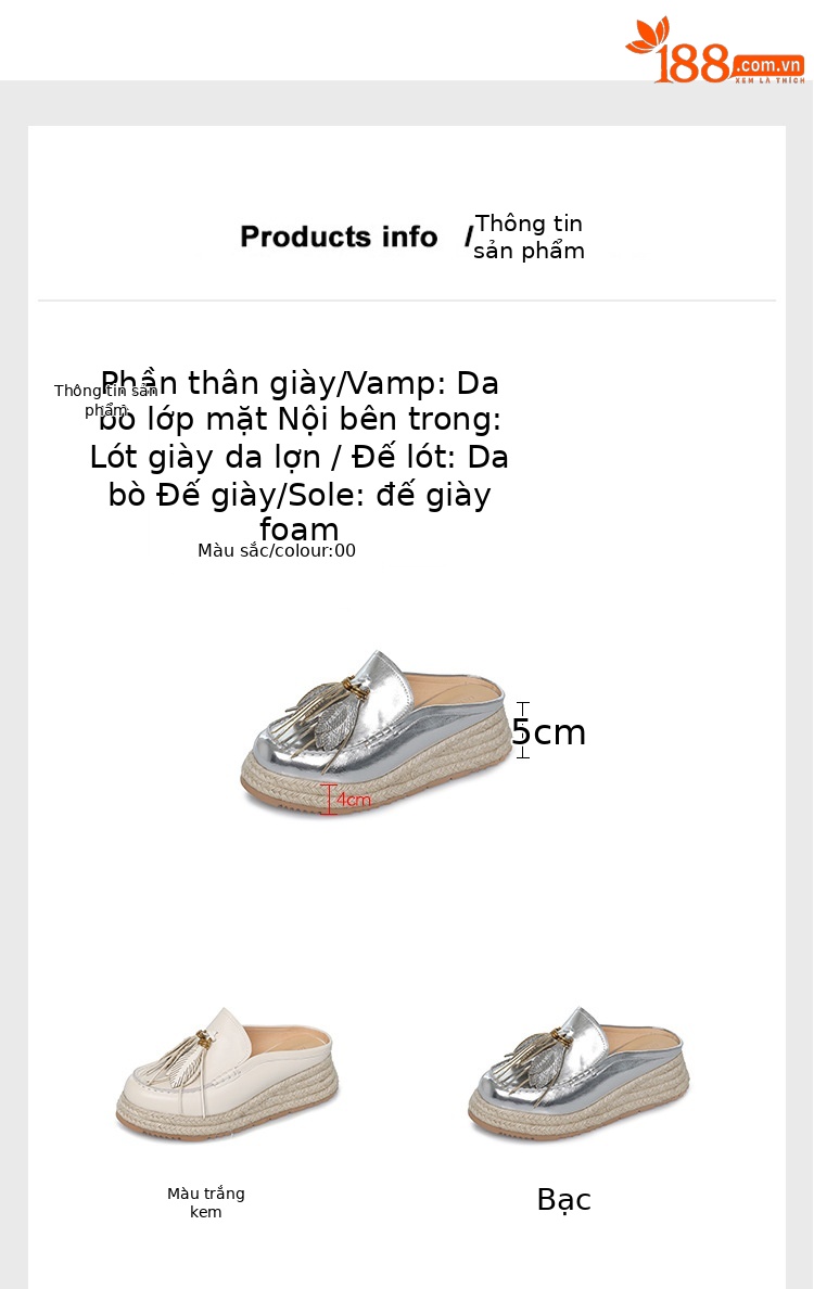 Dép lê bít mũi đế dày đan rơm tua rua phong cách nghỉ dưỡng mùa hè — Màu trắng be, Màu bạc chi tiết 2