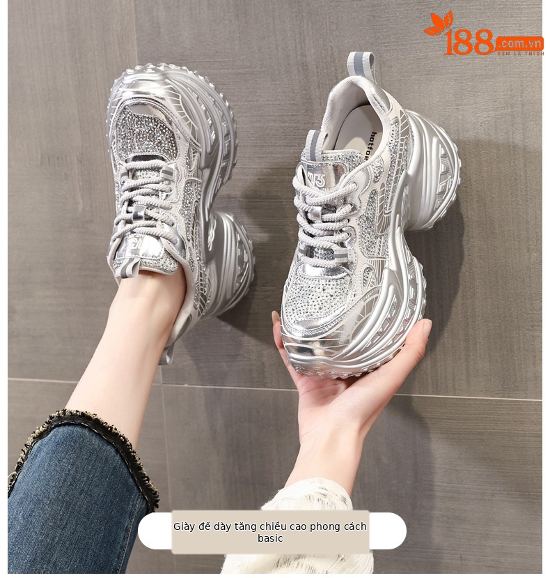 Giày sneaker nữ đế dày lưới thoáng khí đính đá rhinestone — Màu trắng chi tiết 1