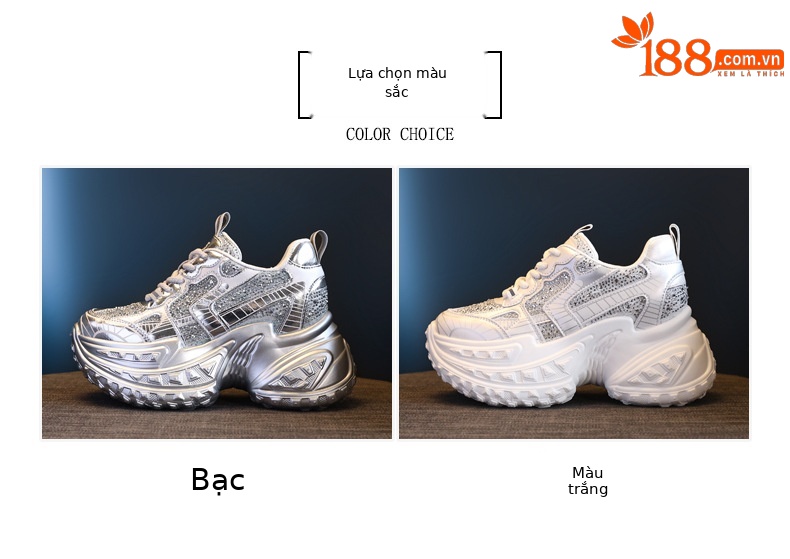 Giày sneaker nữ đế dày lưới thoáng khí đính đá rhinestone — Màu trắng chi tiết 2